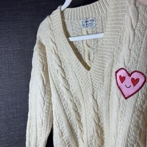 Women’s M Handmade Irish Wool Cream Sweater Kawaii Heart Patch Love Valentine